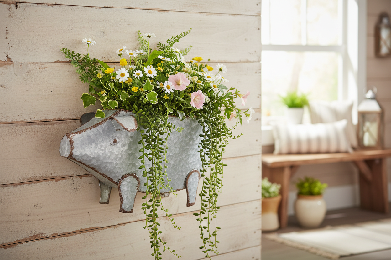 Pig Galvanized Wall Planter Lifestyle Image