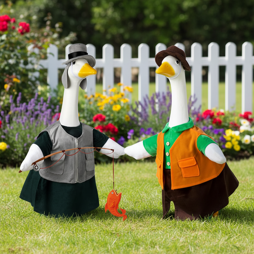 Porch Goose Fishing Costume – Both Geese Garden Scene