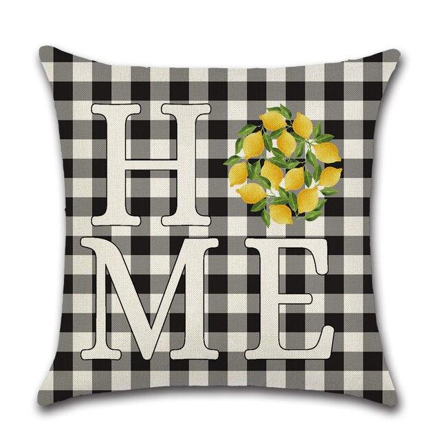 Black & White Plaid Floral Linen Throw Pillow Cover 18x18"