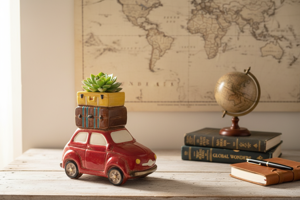 Red Ceramic Car with Luggage Planter Lifestyle