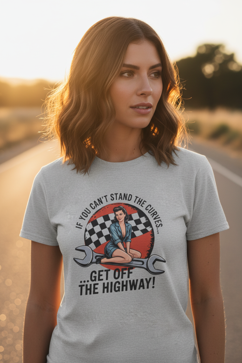 Retro Pin-Up Racing Tee - Light Gray Lifestyle