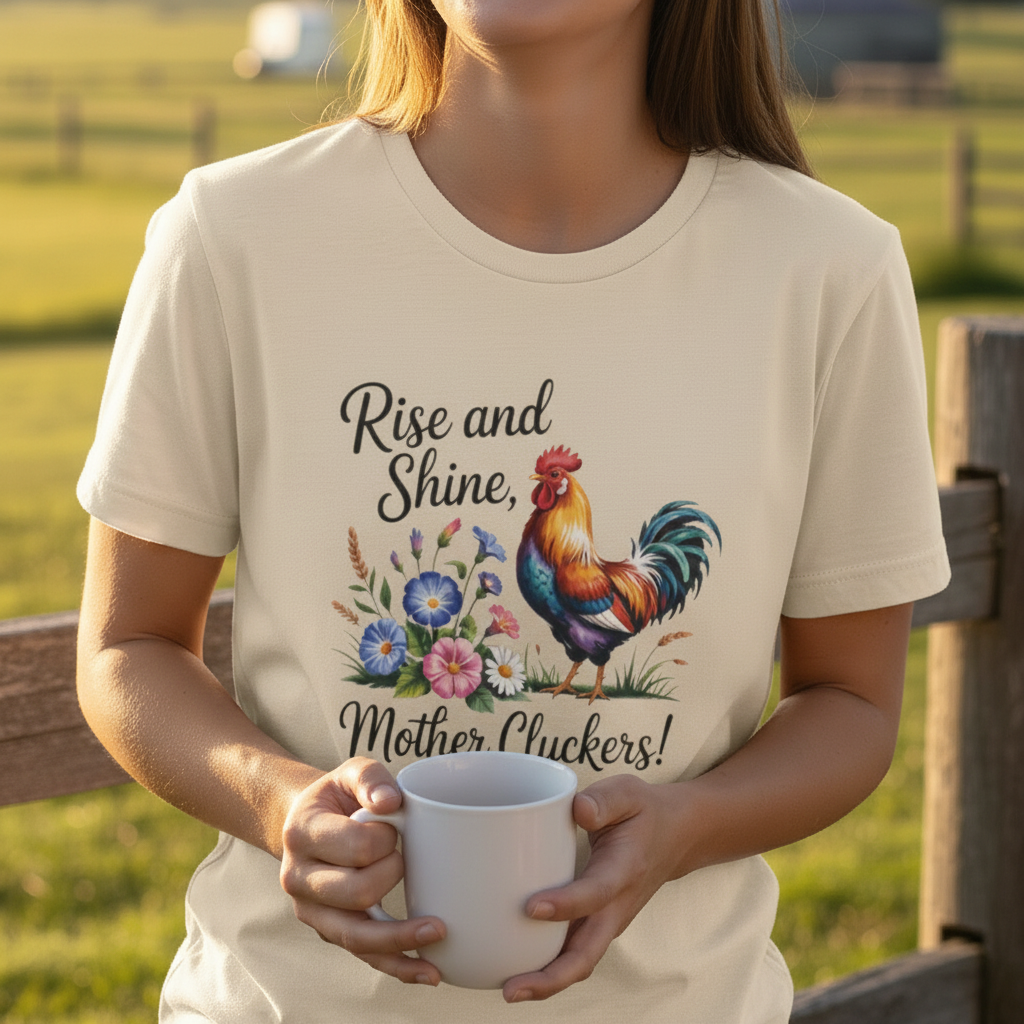 Rise and Shine Mother Cluckers — Tight Crop, Tee Front