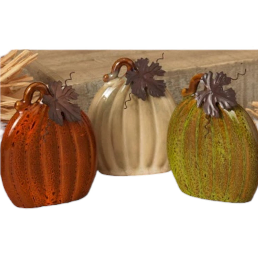 Ceramic Pumpkin with Metal Leaf – 6 Inch