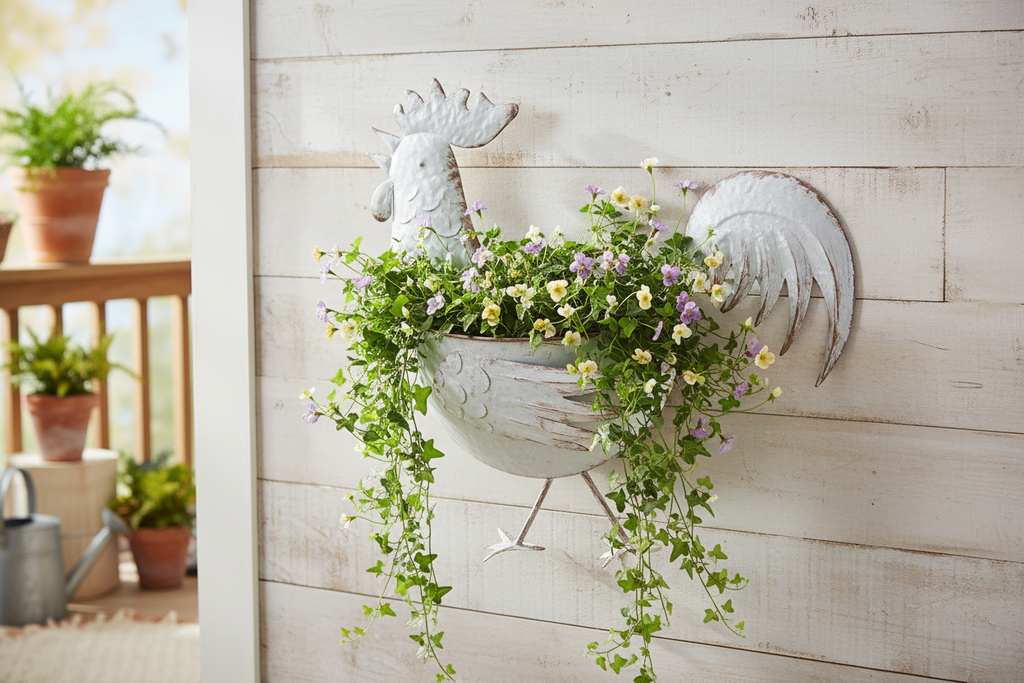 Rooster Galvanized Wall Planter Front View