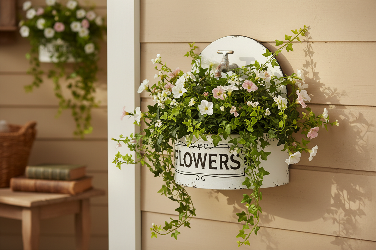 Rustic Distressed White Spigot Wall Planter Lifestyle Image