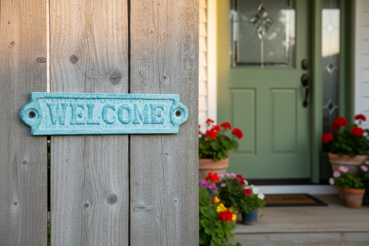 Rustic Light Blue Whitewashed Cast Iron Welcome Sign Lifestyle