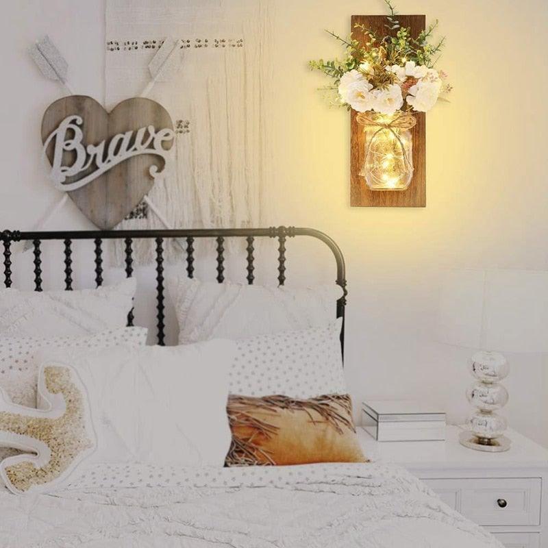 Mason Jar Wall Sconces with Peony & LED Lights – Set of 2