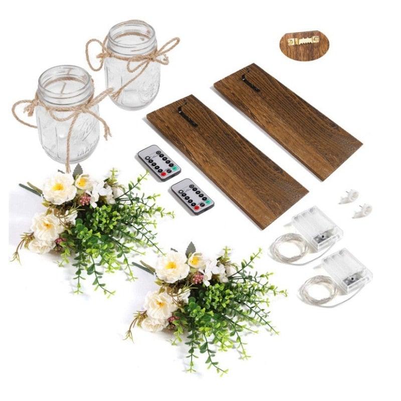 Mason Jar Wall Sconces with Peony & LED Lights – Set of 2
