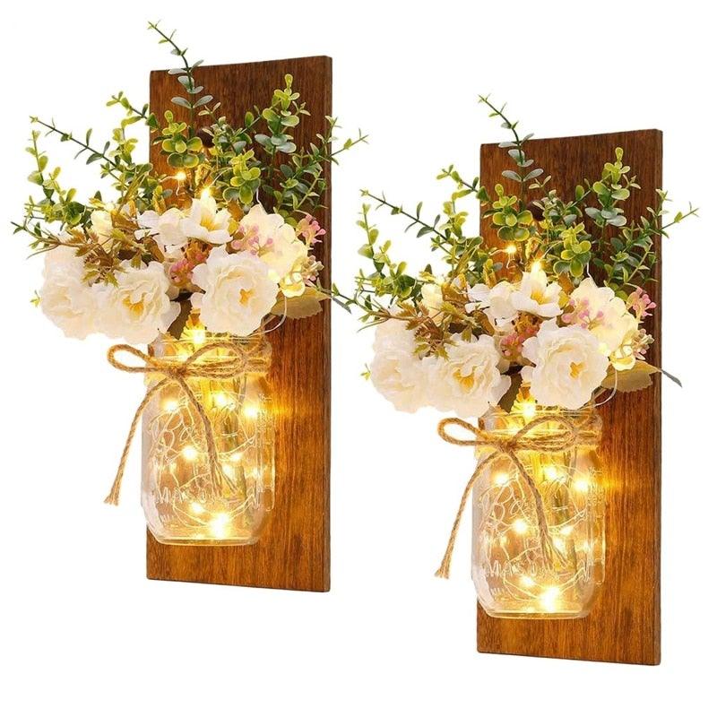 Mason Jar Wall Sconces with Peony & LED Lights – Set of 2