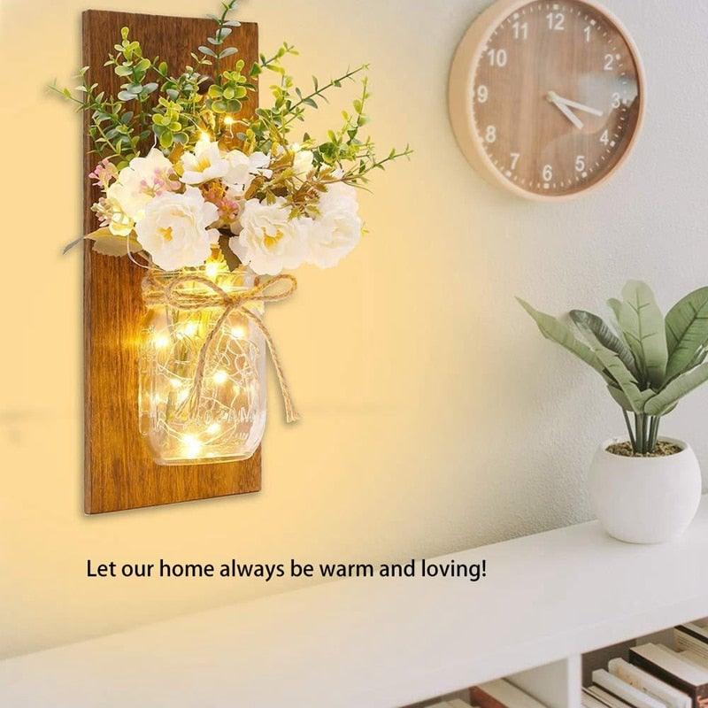 Mason Jar Wall Sconces with Peony & LED Lights – Set of 2