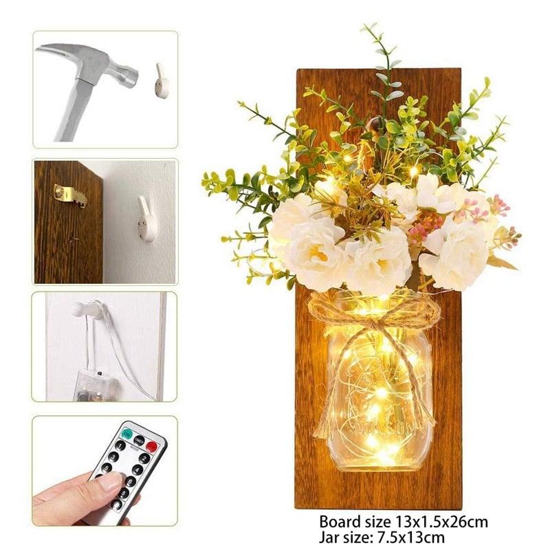 Mason Jar Wall Sconces with Peony & LED Lights – Set of 2
