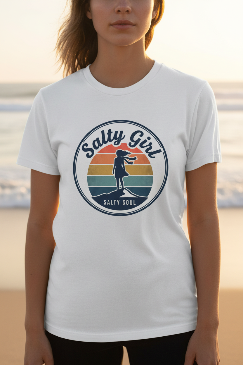 Salty Girl Retro Beach Sunset Graphic Tee