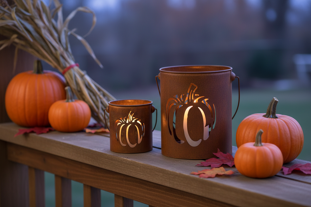 Set of Two Rusty Metal Pumpkin Cutout Buckets – Lifestyle