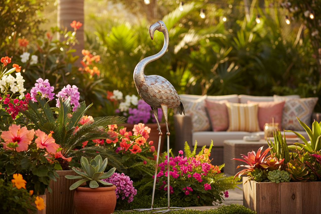 Standing Tall Galvanized Flamingo Statue Lifestyle