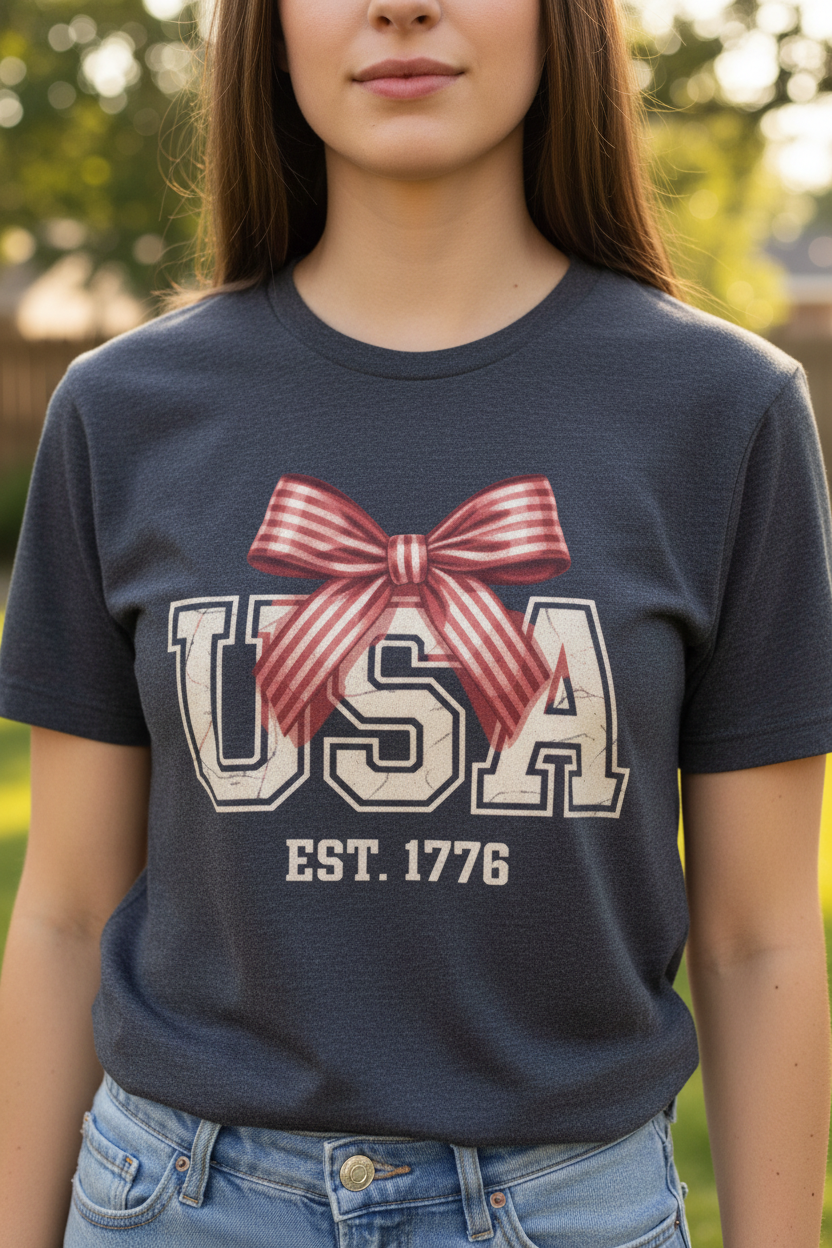 USA EST 1776 Bow Tee - Blue, Woman