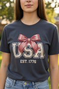 USA EST 1776 Bow Tee - Blue, Woman