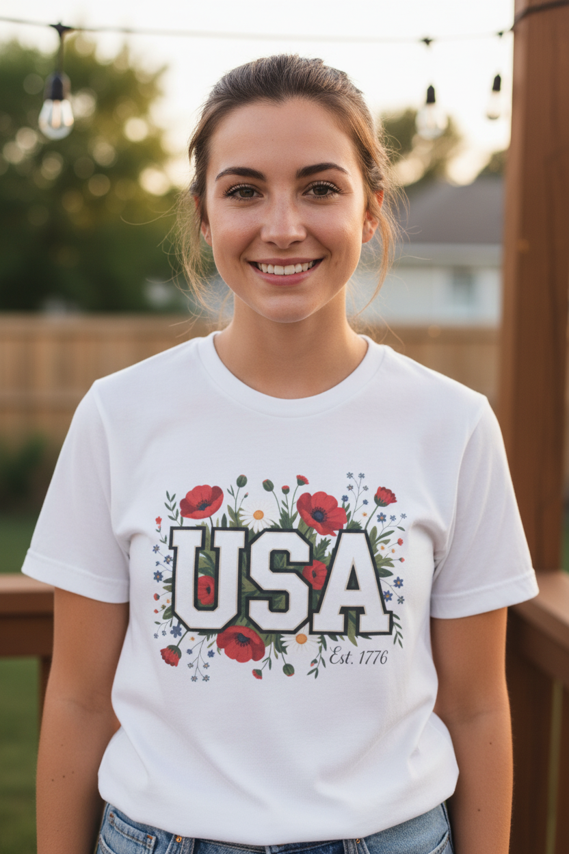USA Floral Patriotic Tee - White, Woman, Front and Center
