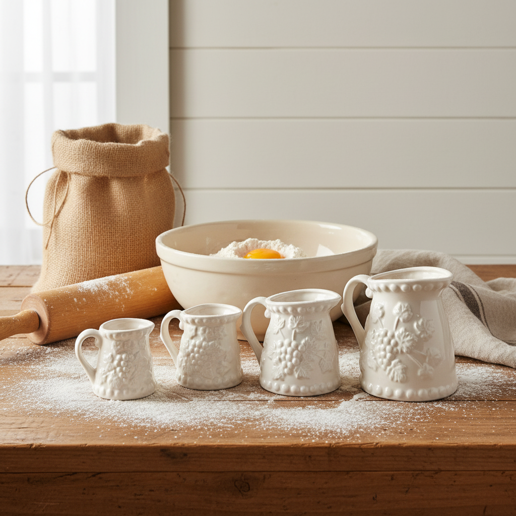 Vintage Ceramic Measuring Cups — Farmhouse Baking Scene