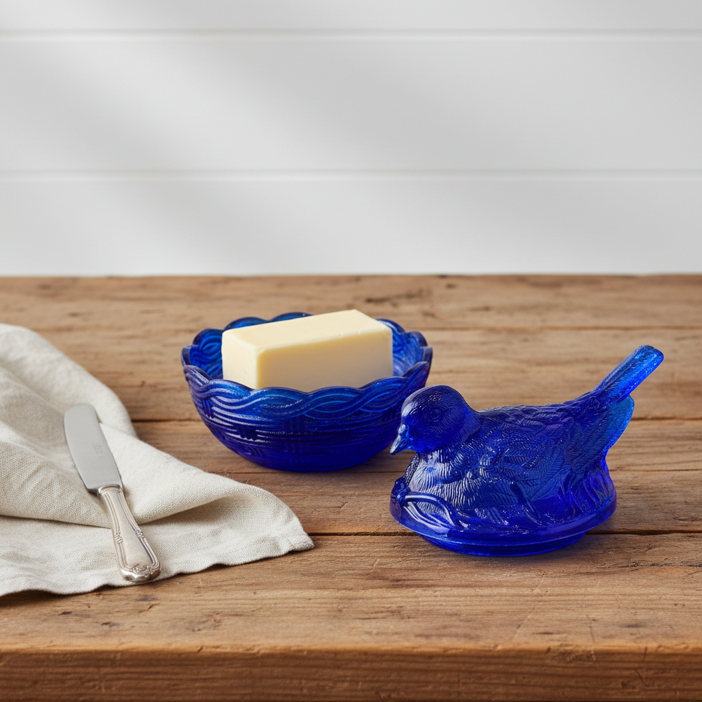 Vintage Cobalt Blue Glass Butter Dish — Single Dish Farmhouse Scene