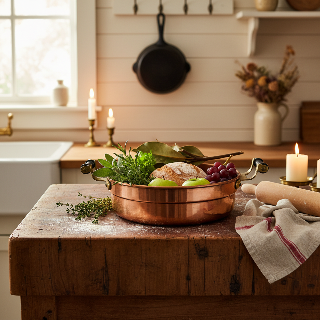 Vintage Copper Serving Dish — Farmhouse Setting