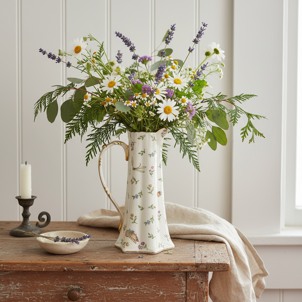 Vintage Fine Bone China Pitcher — Farmhouse Setting
