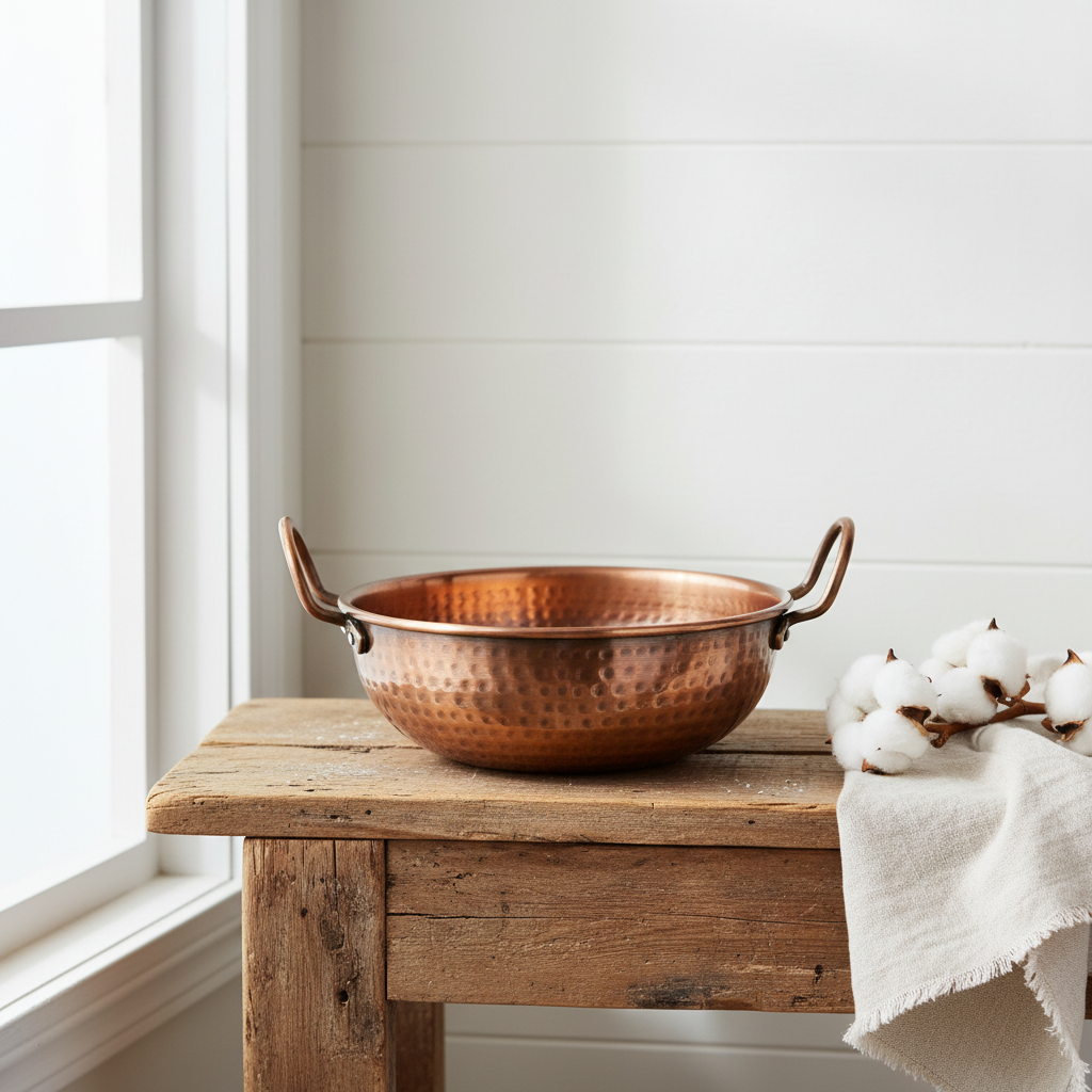 Vintage Hand Hammered Copper Bowl with Handles — Farmhouse Setting