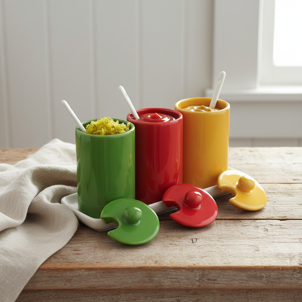 Vintage Porcelain Condiment Jars — Pickle Relish, Ketchup & Mustard