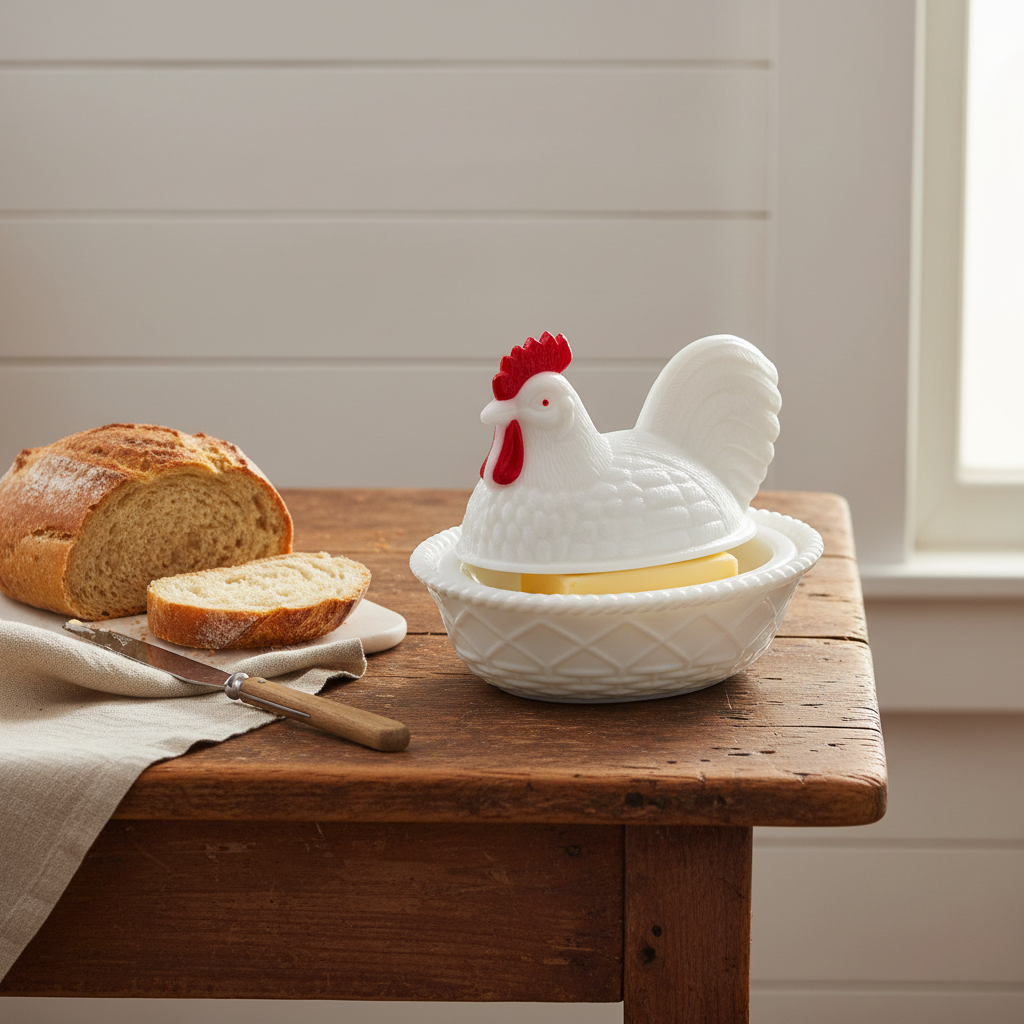Westmoreland Milk Glass Rooster Butter Dish — Farmhouse Breakfast Scene