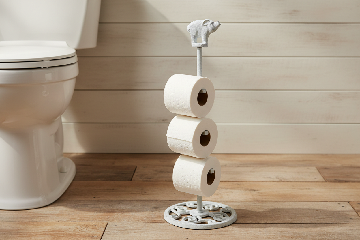 Whitewashed Cast Iron Pig Toilet Paper Stand
