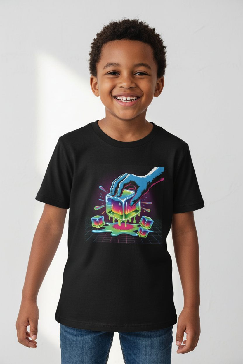 Youth Tee — Neon Melting Ice Cube — Black on Kid