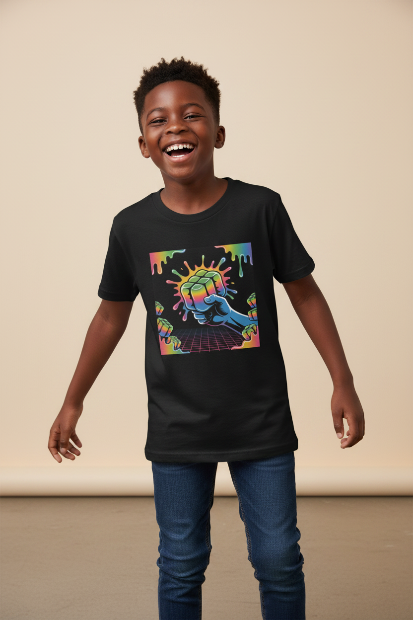 Youth Tee — Retro Neon Fist — Black on Kid